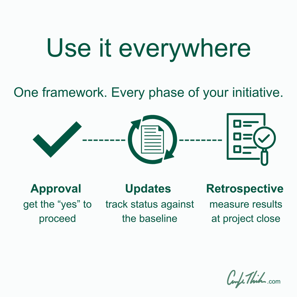 Use the Business Case Framework everywhere — approval, project status updates, and retrospective