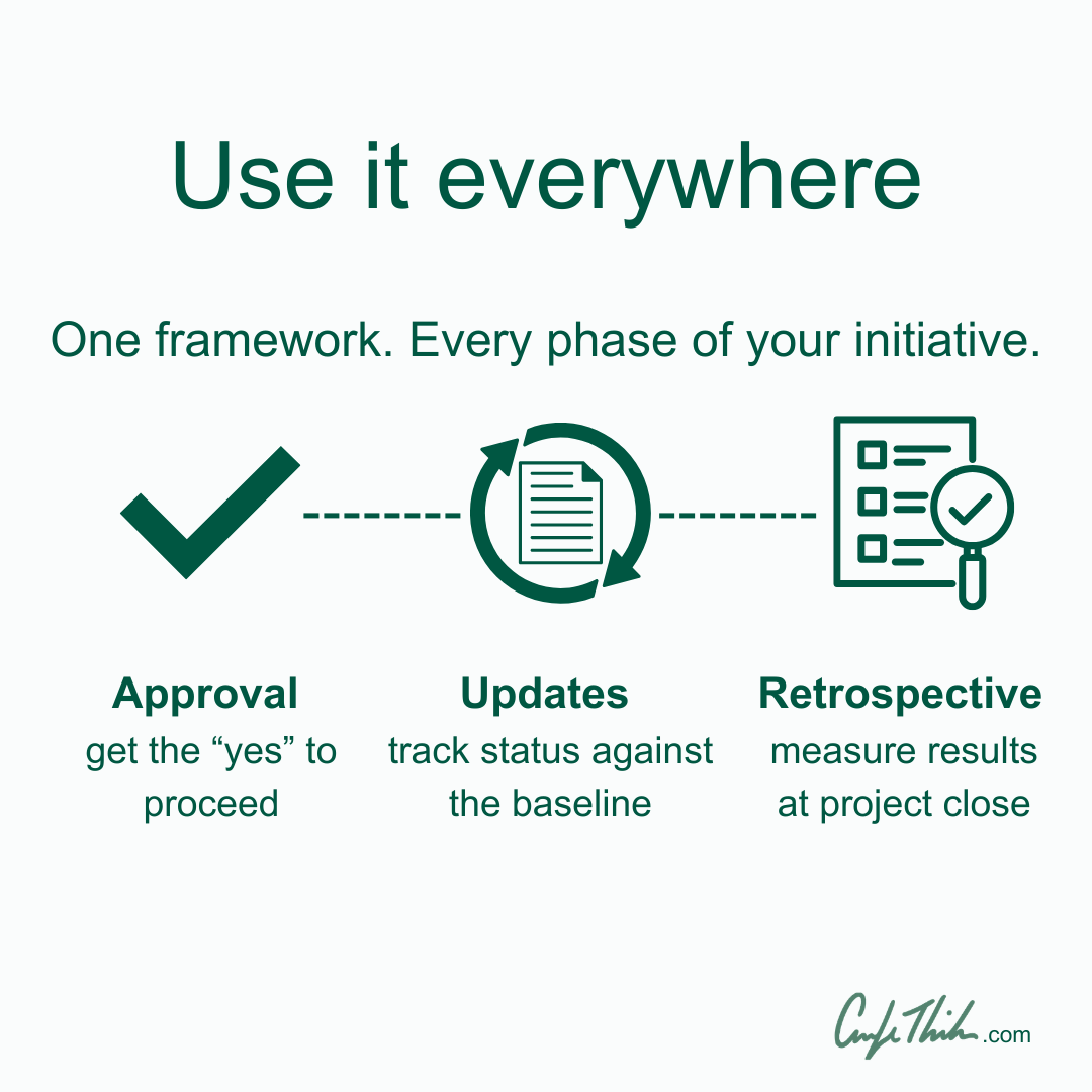 Use the Business Case Framework everywhere — approval, project status updates, and retrospective
