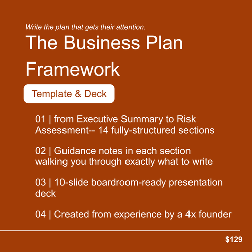 Investor-ready business plan template and pitch deck cover — 14-section framework for pre-seed, seed, and Series A founders